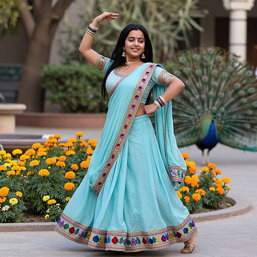 Graceful Woman Dancing in Blue Saree