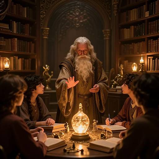 Photograph of an elderly wizard with a white beard, wearing a brown robe, standing in a dimly lit library, illuminated by a glowing glass lamp