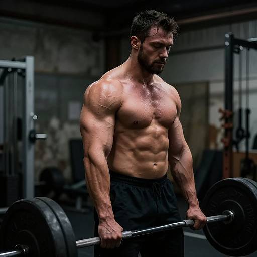 Photograph of a muscular, shirtless man with short dark hair, performing a bench press in a dimly lit gym, wearing black shorts.
