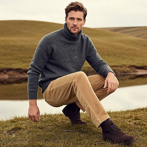 Photograph of a bearded man with short brown hair, wearing a gray turtleneck sweater, beige pants, and black boots, crouching