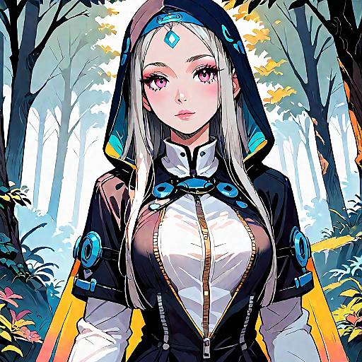 Anime Girl in Hooded Jacket in Forest