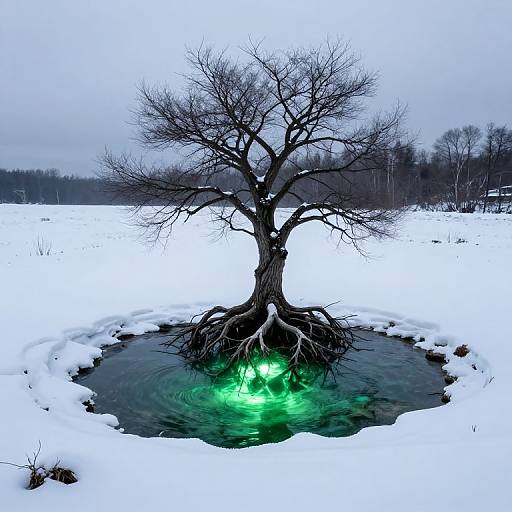 Glowing Tree with Exposed Roots in Snow