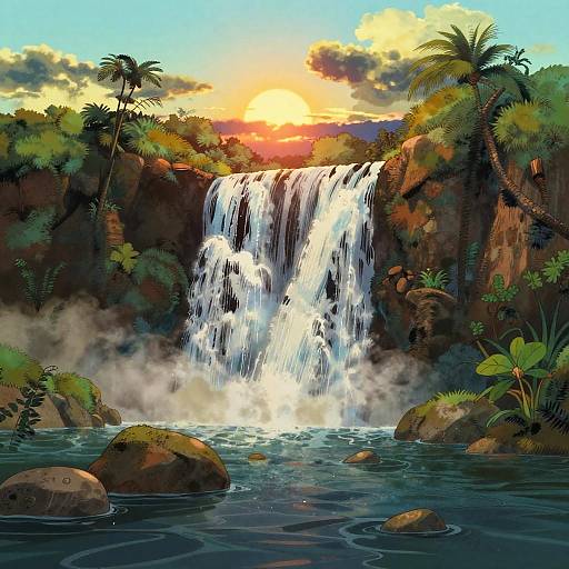 Vibrant digital painting of a tropical waterfall at sunset, with cascading water, lush greenery, palm trees, and a bright orange sky.