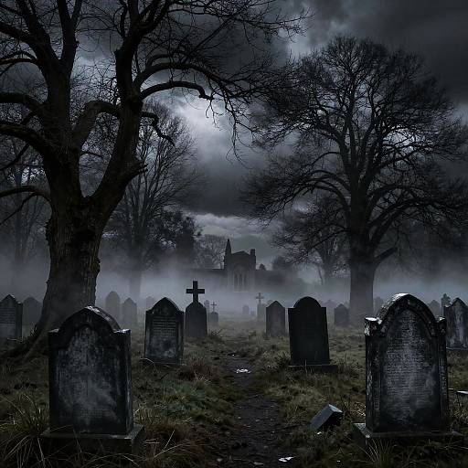 Dark Gothic Cemetery with Eerie Mist