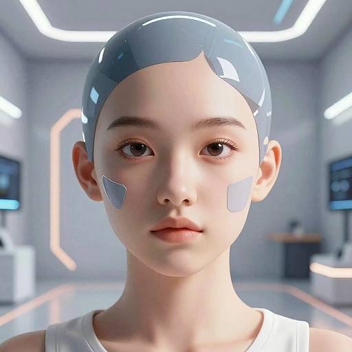 CGI image of an Asian child with a transparent blue helmet, bandages on cheek, in a futuristic, brightly lit room.