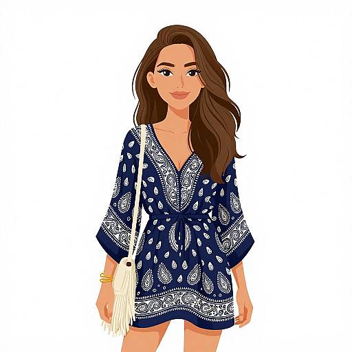 Digital illustration of a smiling woman with long brown hair, wearing a blue, white-patterned V-neck romper, and holding a white bag.