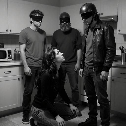 Dramatic Kitchen Scene with Masked Figures