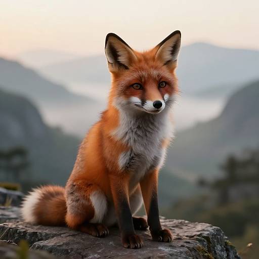 Photograph of a red fox with vivid orange fur, black legs and ears, and white chin, sitting on a rock against a misty mountain backdrop