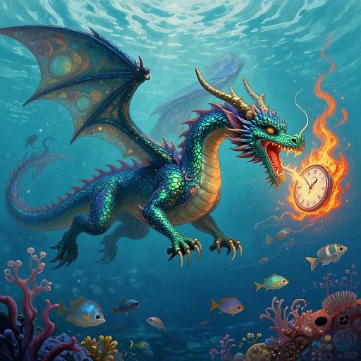 Digital artwork of a vibrant blue dragon with glowing scales, fiery eyes, and horns, underwater holding a burning clock, surrounded by colorful fish and coral.