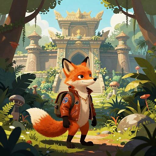 Whimsical Fox Explorer in Ancient Jungle