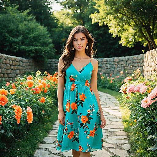 Woman in Turquoise Floral Dress in Garden
