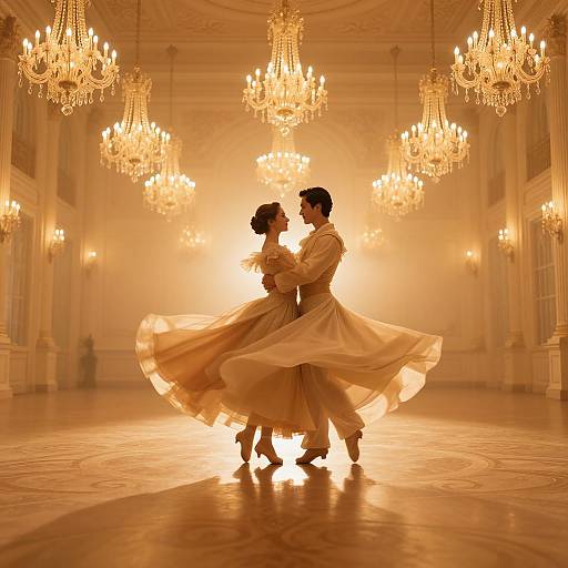 Photograph of a couple dancing in an opulent ballroom with glowing chandeliers, wearing elegant, flowing, ivory wedding attire, bathed in