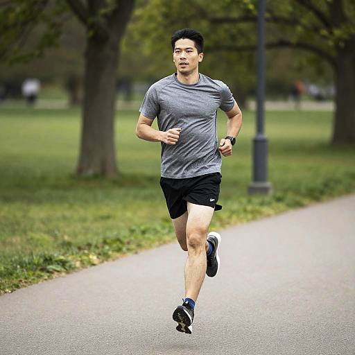 Photograph of an Asian man jogging in a park, wearing a gray t-shirt, black shorts, and sneakers, with trees and grass in the background