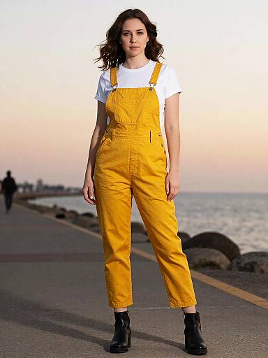 Photograph of a woman with wavy brown hair, wearing yellow overalls, white t-shirt, and black ankle boots, standing on a seaside path