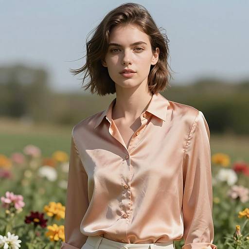 Young Woman in Shiny Peach Silk Blouse in Garden