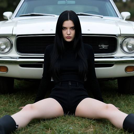 Woman Posing by Classic White Muscle Car
