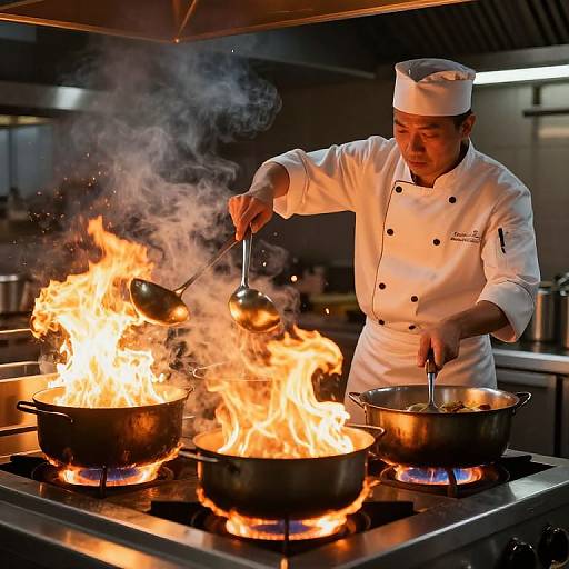 Photograph of a male chef in white uniform and hat, stirring pots with ladles over a roaring stovetop flame.