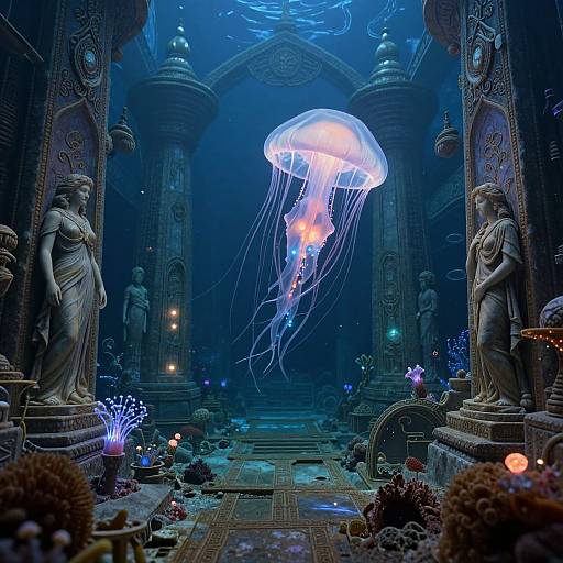 Photograph-like digital art: Glowing jellyfish floats in dark, ornate temple with statues, glowing plants, and underwater-like ambiance. Blue and