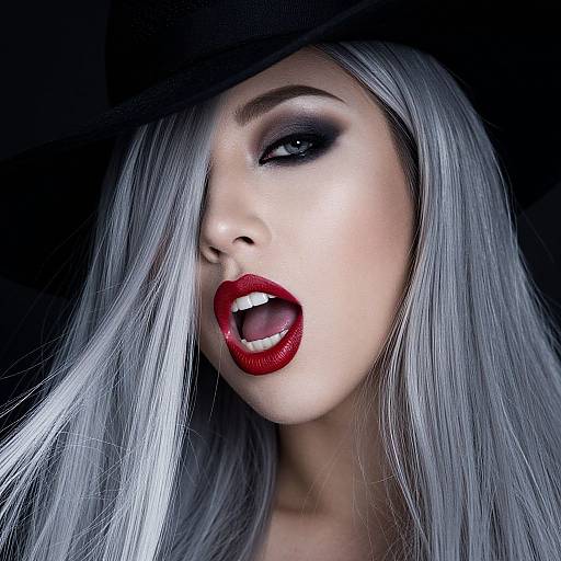 Photograph of a pale-skinned woman with long silver hair, black smokey eye makeup, and vivid red lipstick, mouth open, wearing a black