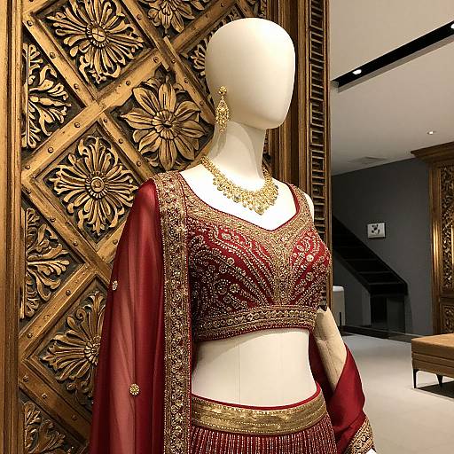 Photograph of a white mannequin wearing a red, gold-embroidered traditional Indian outfit with a matching dupatta and gold jewelry, set
