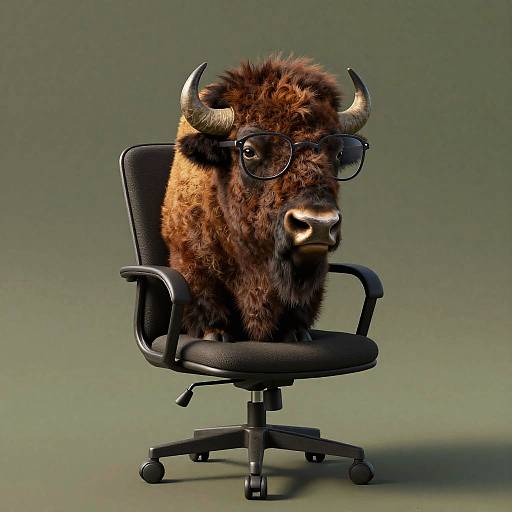 Photograph of a realistic CGI bison with glasses, sitting in a black office chair against a green background.