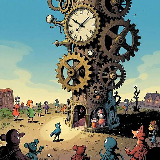 Whimsical digital illustration: Giant clock tower with gears, surrounded by colorful anthropomorphic animals and children, in a bright, sunny village.