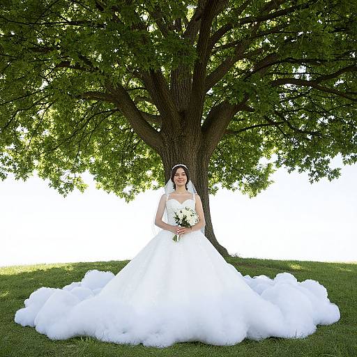 Photograph of a bride in a white, full-skirted wedding gown with a floral bouquet, standing under a large leafy tree on a grass