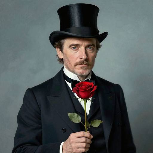 Photograph of a middle-aged man with a mustache, wearing a black top hat and suit, holding a single red rose against a gray background.