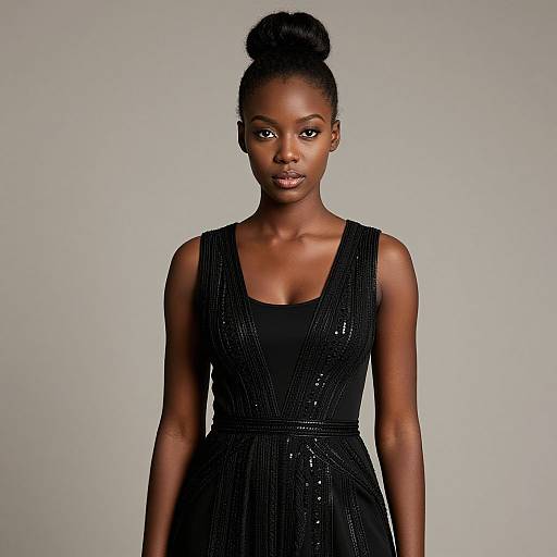 Photograph of a beautiful Black woman with a high bun, wearing a sleeveless, black sequined dress, standing against a plain gray background.
