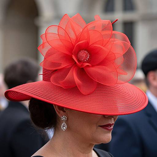 Photograph of a woman in a vibrant red, large, flower-adorned hat with sheer fabric, wearing matching earrings, black suit, and red