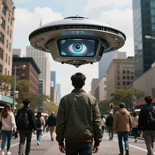 Photograph: Man in green jacket, back facing camera, with futuristic drone hovering above head displaying blue eye, in busy city street.