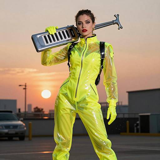 Fluorescent Latex Spacesuit Woman at Sunset