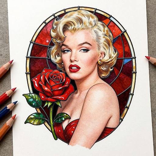 Colorful digital drawing of a blonde, 1950s-style woman with red lips, holding a red rose, set against a stained glass circle background