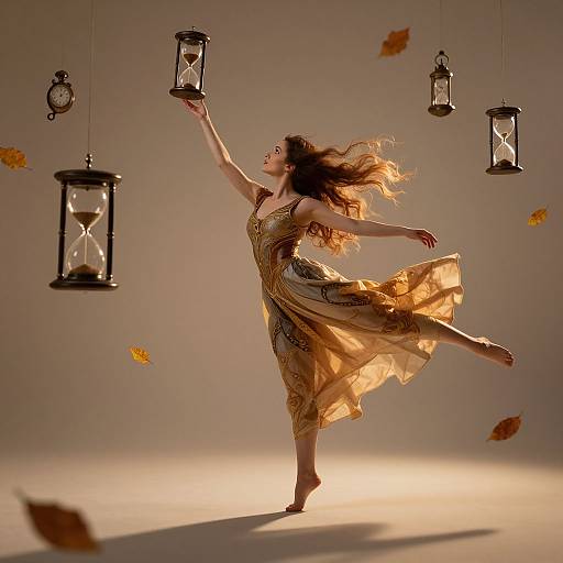 Photograph of a dancing woman in a flowing, golden dress, reaching for lanterns, with autumn leaves floating around, against a beige background.