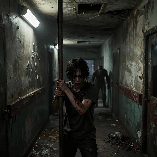 Dark, gritty photograph of a bloodied, disheveled man gripping a pole in a dirty, dimly-lit hallway, with a shadowy