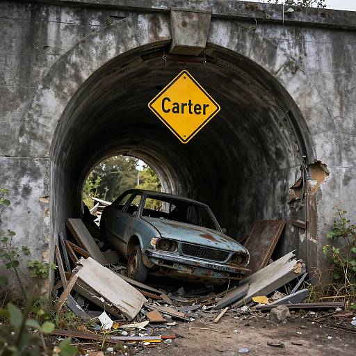 Abandoned, rusted car inside a dilapidated concrete tunnel with a yellow 