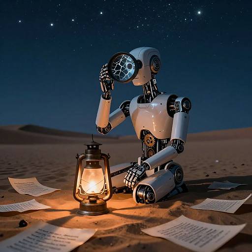 Photograph of a white, metallic robot with glowing eyes, sitting on a sandy desert at night, holding its head while a lit lantern illuminates scattered