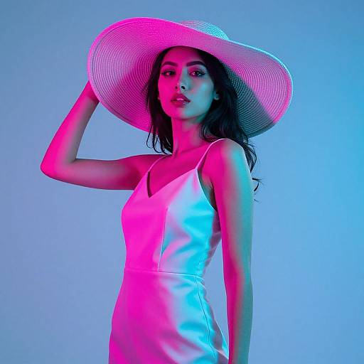 Photograph of a woman with long dark hair, wearing a white satin dress and wide-brimmed hat, illuminated by pink and blue lights against a