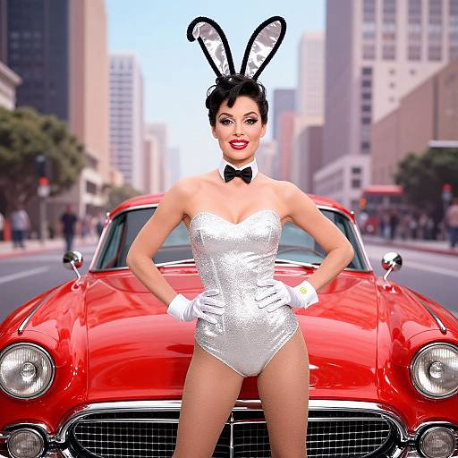 Photorealistic digital image of a confident woman with black bunny ears, silver sequin bunny suit, white gloves, and bow tie, standing in front