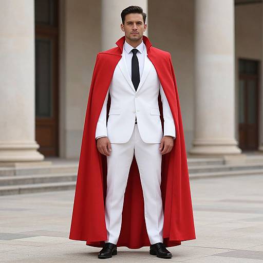 Photograph of a serious-looking man in a white suit, black tie, and red cape standing in front of classical columns.