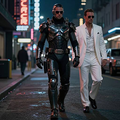 Photograph of a futuristic street scene: armored Iron Man in shiny black suit walks beside a suave man in a white suit and sunglasses, neon signs