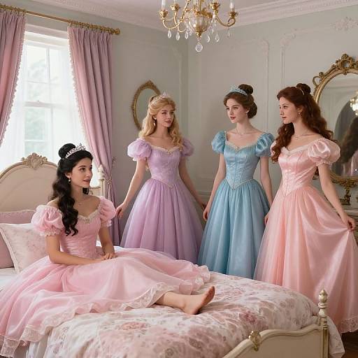 Photograph of four women in pastel-colored, Victorian-style ball gowns with puffed sleeves, standing and sitting in a lavishly decorated bedroom with