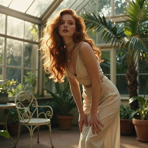 Elegant Woman in Sunlit Glass Greenhouse