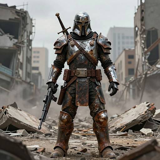 Photorealistic digital art of a heavily armored warrior with a sword and gun, standing in a ruined, rubble-filled urban street.