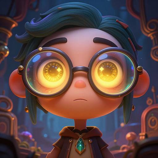 Digital art of a cartoon character with large, glowing yellow eyes, dark blue hair, round glasses, and a green gem necklace, in a colorful,