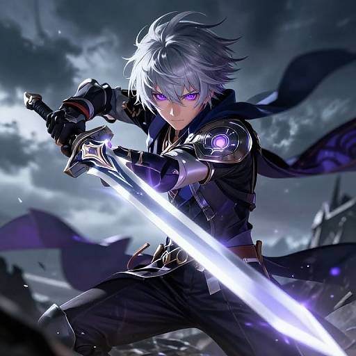 Digital anime artwork of a silver-haired, purple-eyed male warrior with glowing purple sword, dark armor, and cape, set against a stormy, cloudy