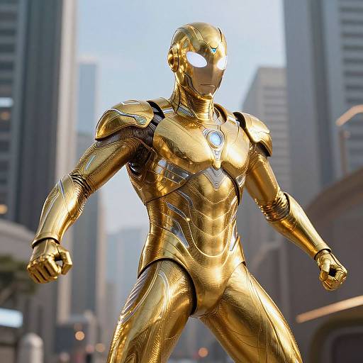 Shining Gold Superhero in Futuristic City