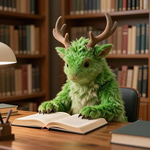 CGI image of a green, furry, antlered creature reading an open book at a wooden desk in a library. Bookshelves filled with