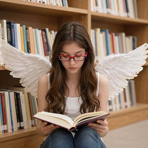 Photograph of a young woman with long brown hair, white angel wings, red glasses, white tank top, and blue jeans, reading a book in