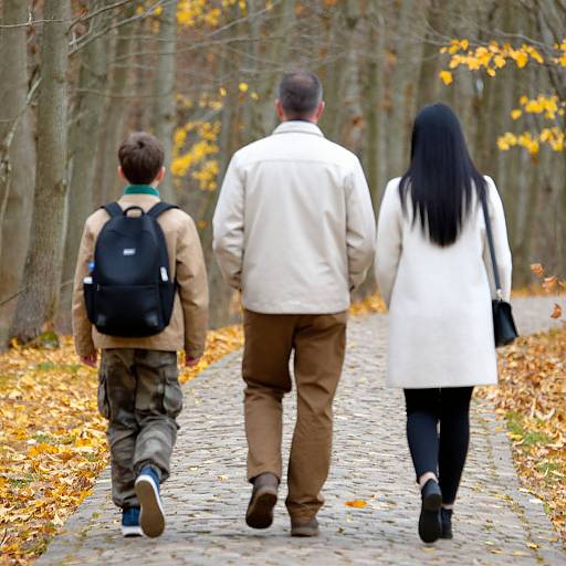 Photograph of a family walking on a leaf-strewn path in autumn; man in white jacket and brown pants, woman in white coat and black